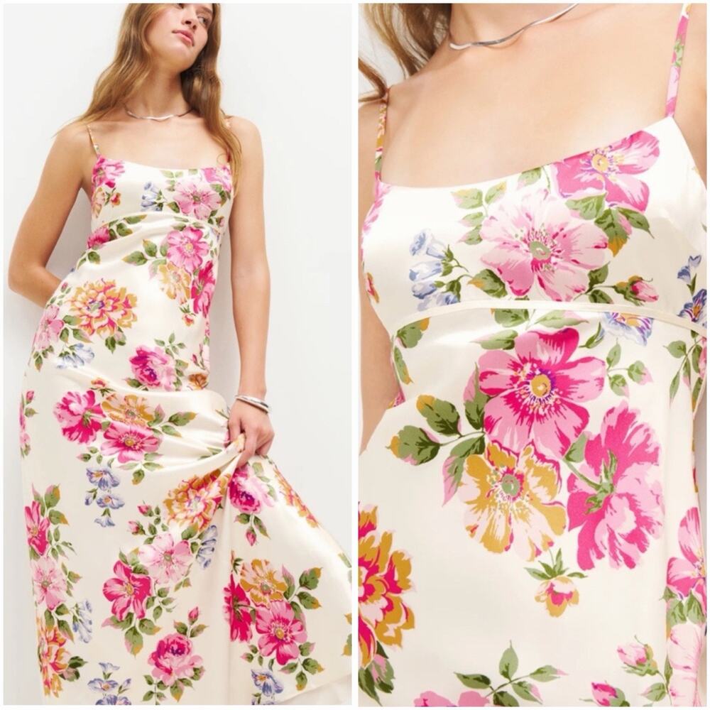 Reformation Kailyn Silk Dress 6 Giverny Floral Ivory Pink Slip Midi Multicolour